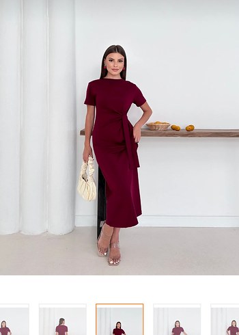 Bordo Yüksek Yakalı Saten Uzun Elbise - Görsel 3
