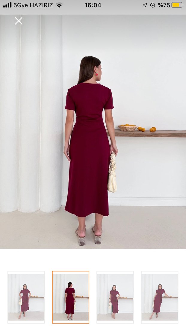 Bordo Yüksek Yakalı Saten Uzun Elbise - Görsel 2