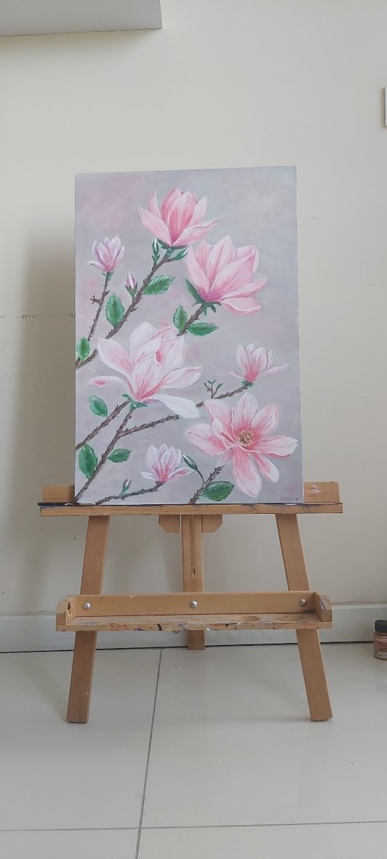 Pastel Pembe Çiçekli akrilik manolya  Tablo - Görsel 3