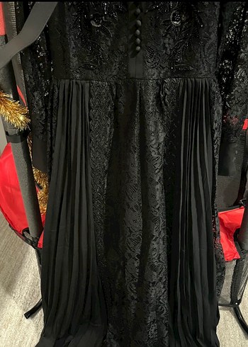 Dantel İşlemeli Siyah Uzun Kollu İthal Elbise - Görsel 6