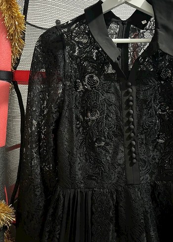 Dantel İşlemeli Siyah Uzun Kollu İthal Elbise - Görsel 5