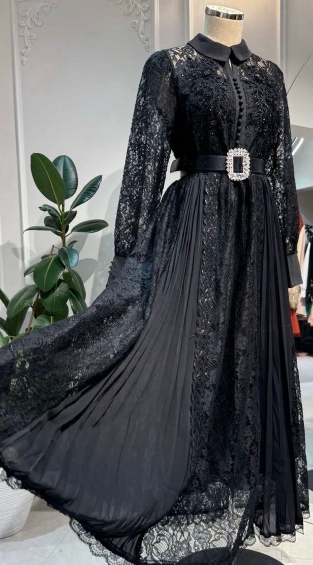 Dantel İşlemeli Siyah Uzun Kollu İthal Elbise - Görsel 2