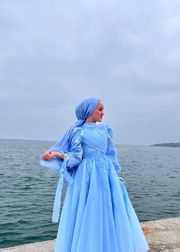 Uzun Mavi Bohem Drape Detaylı Kadın Elbise