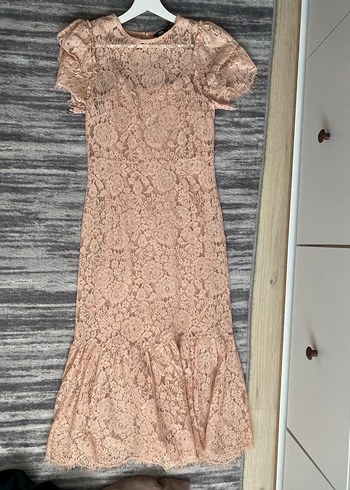 Dantel midi pudra pembesi Elbise - Görsel 2