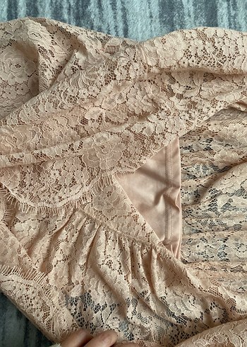 Dantel midi pudra pembesi Elbise - Görsel 7