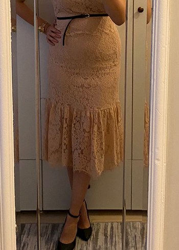 Dantel midi pudra pembesi Elbise - Görsel 10