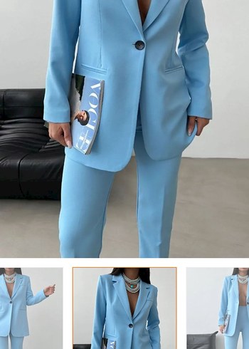 Mavi Düğmeli Uzun Kadın Blazer Ceket pantolon takım