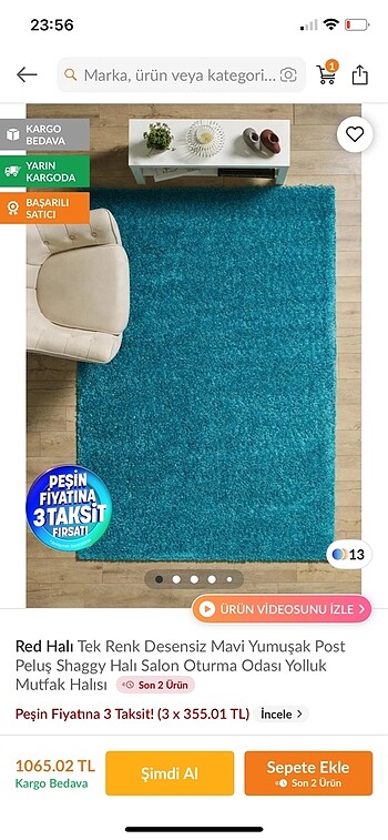 Turkuaz peluş halı