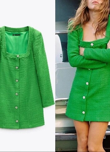 Zara Tüvit Taşlı Düğmeli Yeşil Elbise XS 4661 / 325 / 500