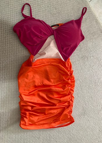 Pembe ve Turuncu Drapeli Mini Kadın Elbise