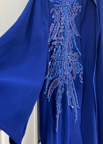 EL İŞLEMELİ ABAYA BÜYÜK BEDEN MAVİ - Görsel 2