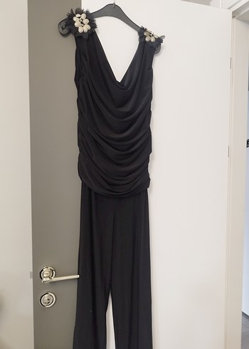 Drapeli V Yakalı Siyah Uzun tulum - Görsel 5