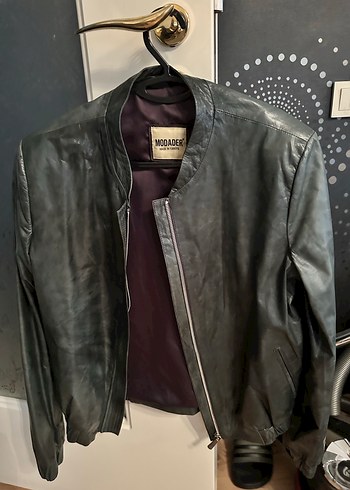 Modader Gri Yeşil Deri Biker Ceket