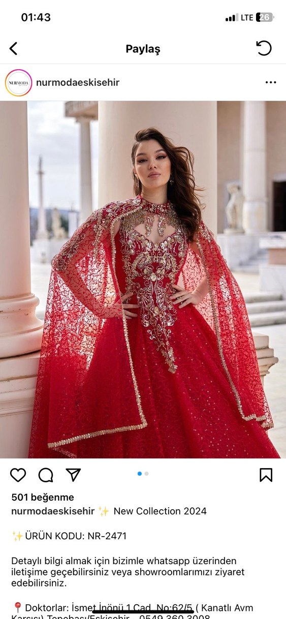 Kırmızı İşlemeli Uzun Abiye Elbise - Görsel 2