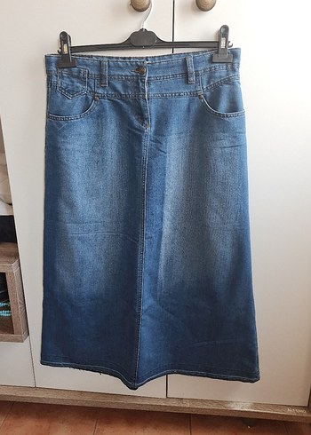Mavi Midi Denim Uzun Etek