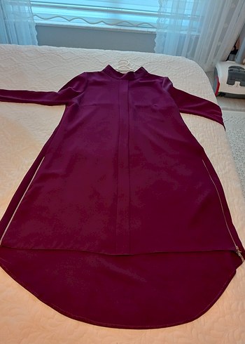 40 Beden bordo Renk Bordo Düğmeli Uzun Kollu Midi Tunik