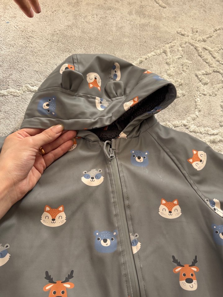 Gri Kapüşonlu Bebek Tulum, Baskılı ve Kürklü - Görsel 2