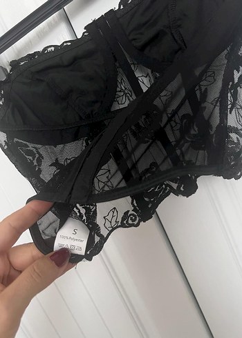 Dantel İşlemeli Siyah Straplez Bustiyer - Görsel 8