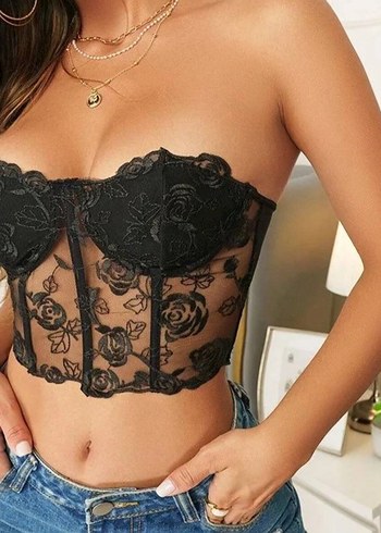 Dantel İşlemeli Siyah Straplez Bustiyer - Görsel 4