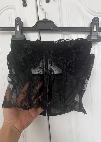 Dantel İşlemeli Siyah Straplez Bustiyer - Görsel 6