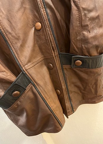 Düğmeli Kahverengi Deri Biker Ceket - Görsel 6