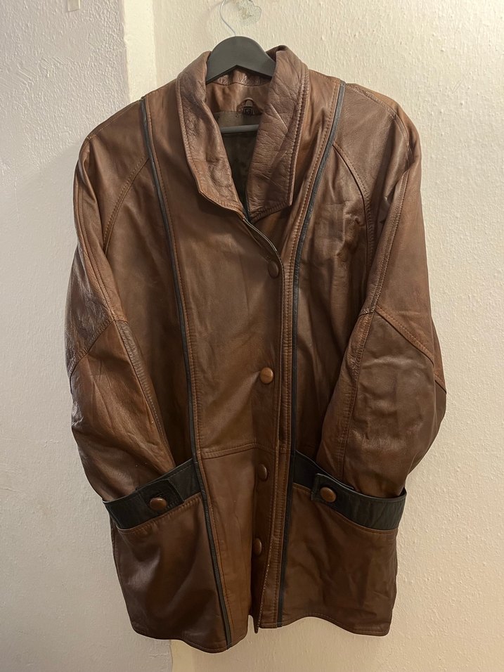 Düğmeli Kahverengi Deri Biker Ceket - Görsel 2