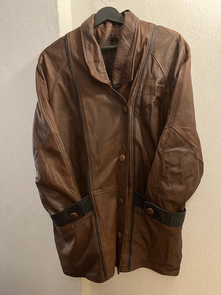 Düğmeli Kahverengi Deri Biker Ceket - Görsel 4