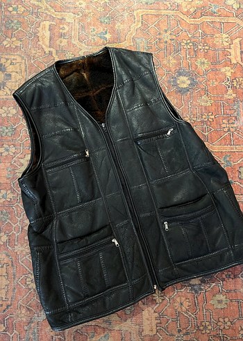 Siyah Deri Fermuarlı Erkek Biker Yelek - Görsel 2