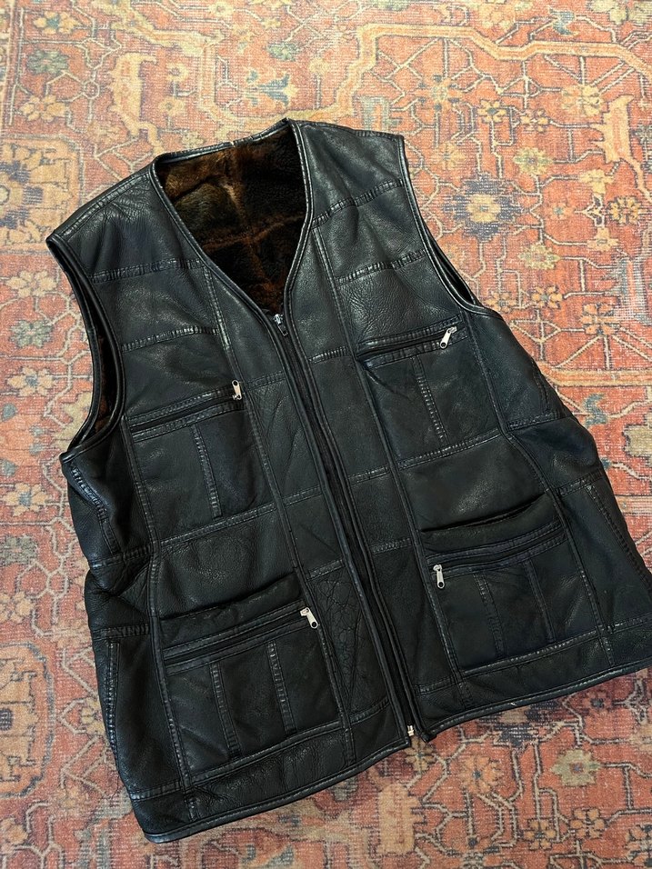 Siyah Deri Fermuarlı Erkek Biker Yelek - Görsel 2