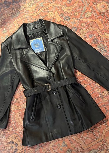 Kemerli Siyah Midi Deri Kadın Ceket - Görsel 3