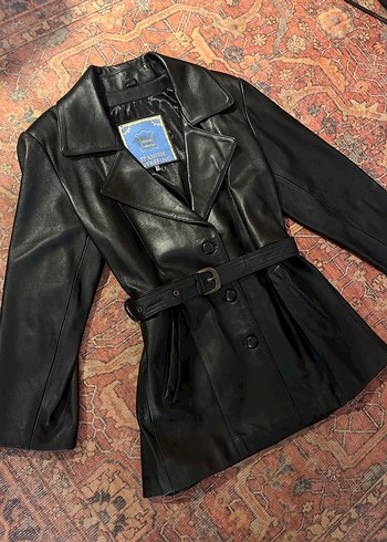 Kemerli Siyah Midi Deri Kadın Ceket - Görsel 2