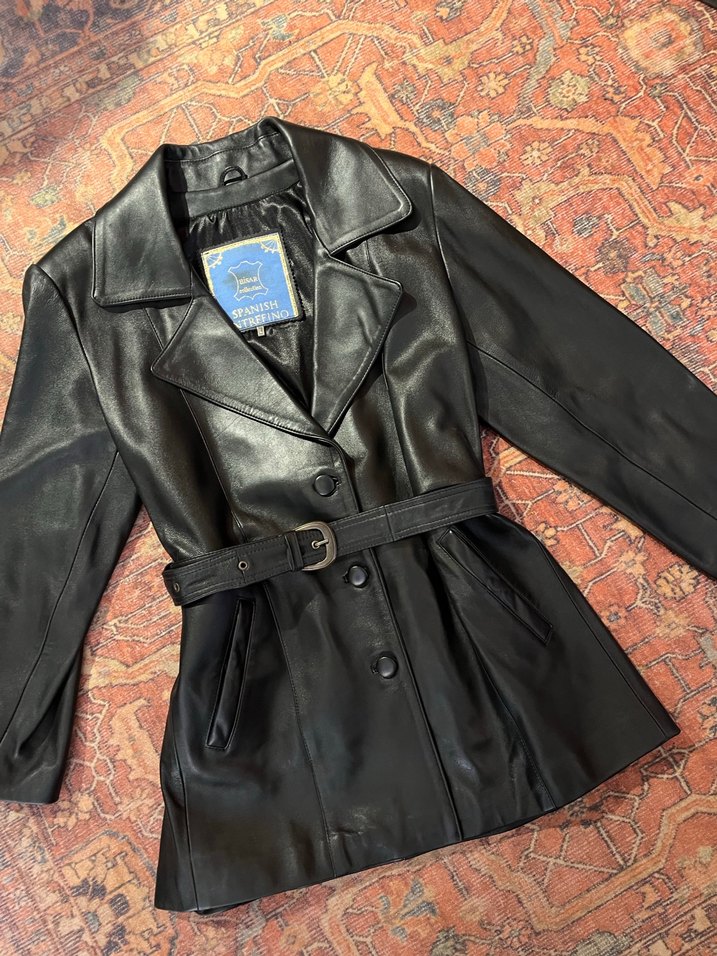 Kemerli Siyah Midi Deri Kadın Ceket - Görsel 3