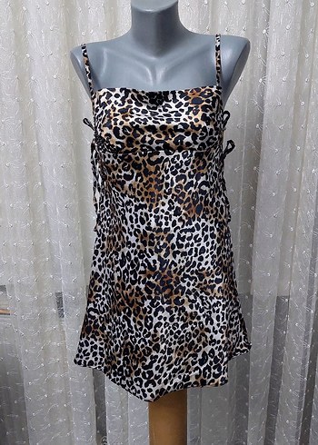 Leopar Desenli Askılı Mini elbise yada gecelik