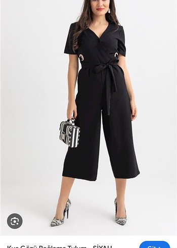 Siyah Kruvaze Yaka Kemerli Kadın Tulum - Görsel 3