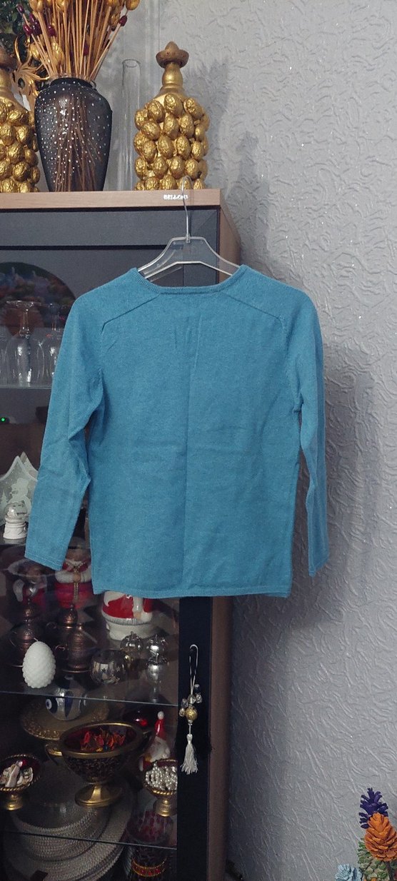 Mavi V Yaka Pamuklu Kadın Kazak - Görsel 2