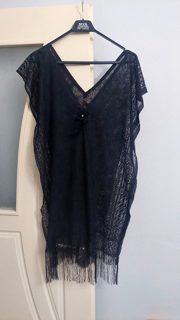 Dantel İşlemeli Siyah Uzun Pareo - Görsel 4