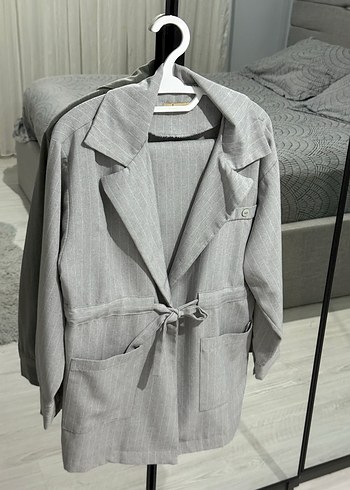 Gri Uzun Kesim Kadın Blazer Ceket