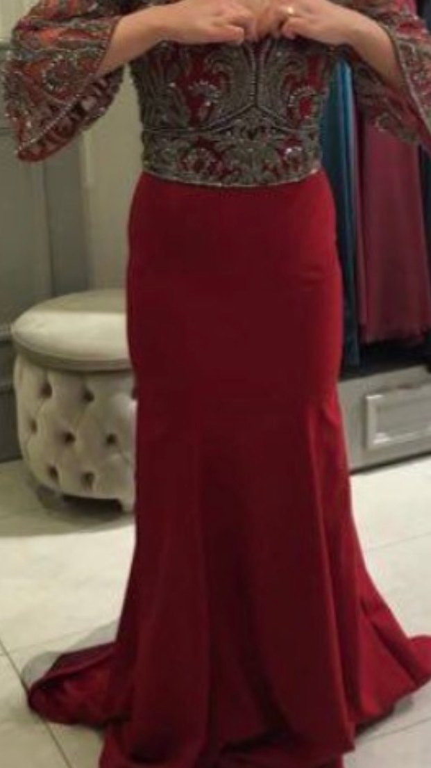 Bordo V Yaka Uzun Bohem Henna Elbise - Görsel 2