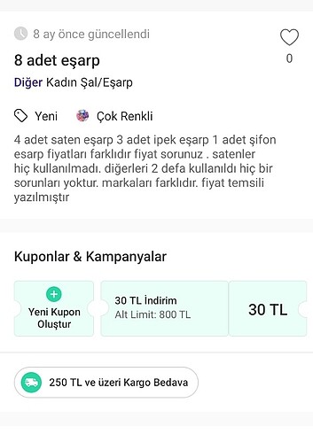  Beden çeşitli Renk 8 adet eşarp