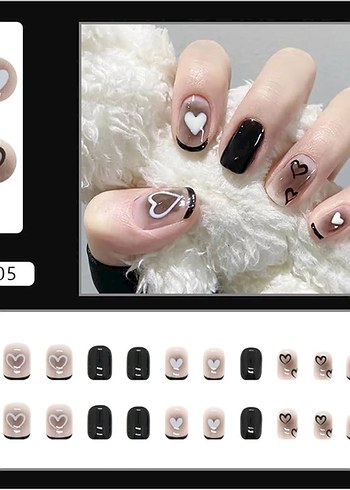 Bej ve Siyah Kalp Desenli Tırnak Süsleri - Görsel 2