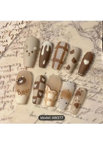 Bej ve Kahverengi Desenli Tırnak Süsü Seti - Görsel 2