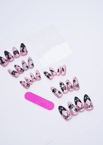 Koyu Pembe Siyah Kedi Desenli Tırnak Süsü - Görsel 2