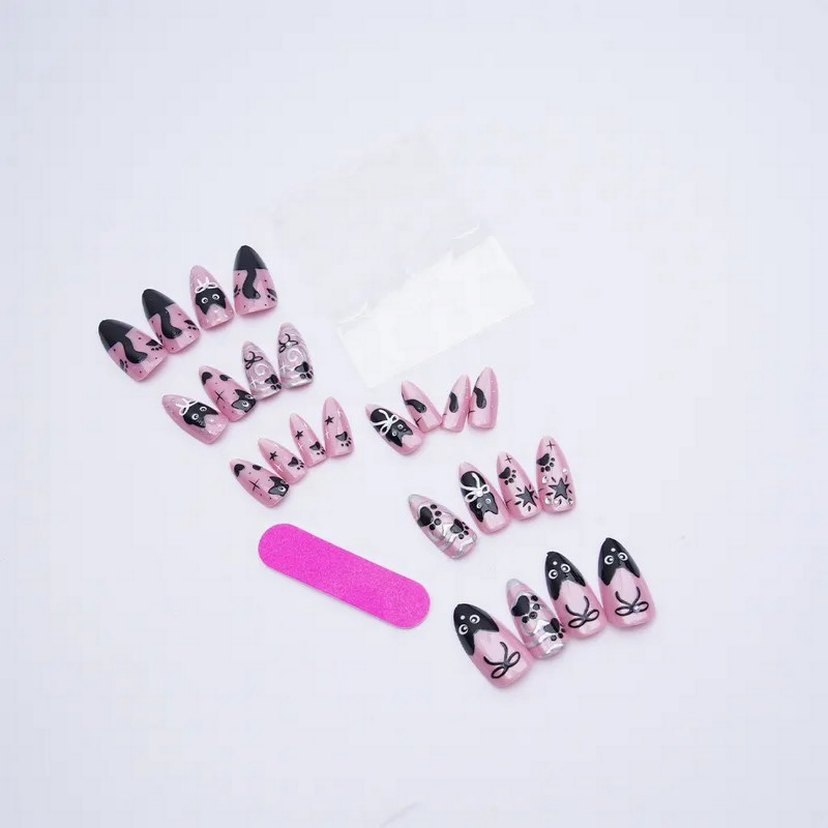 Koyu Pembe Siyah Kedi Desenli Tırnak Süsü - Görsel 2