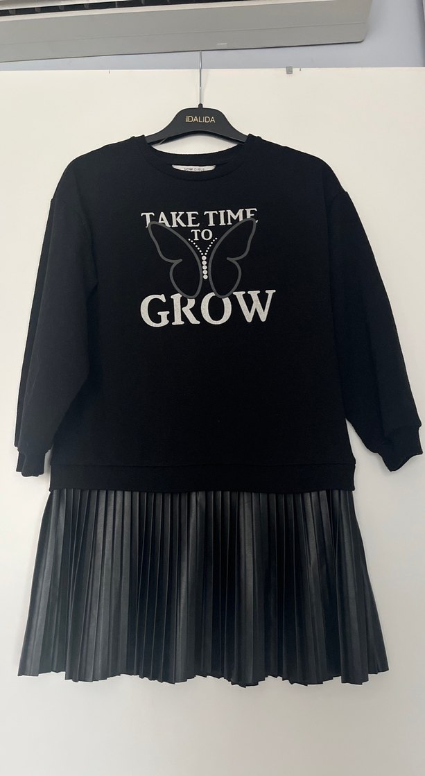 Lc Waikiki Kız Siyah Deri Görünümlü Pilili Sweatshirt Elbise - Görsel 2