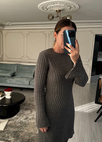 Gri Yüksek Yakalı Triko Kadın Elbise - Görsel 2