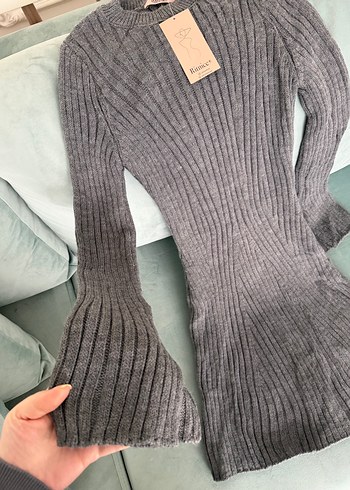 Gri Yüksek Yakalı Triko Kadın Elbise - Görsel 5