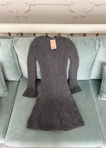 Gri Yüksek Yakalı Triko Kadın Elbise - Görsel 4