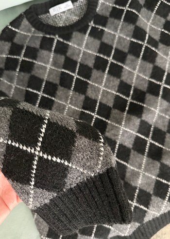 Gri Kareli Örgü Salaş Kazak - Görsel 4