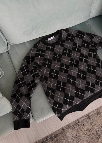 Gri Kareli Örgü Salaş Kazak - Görsel 2