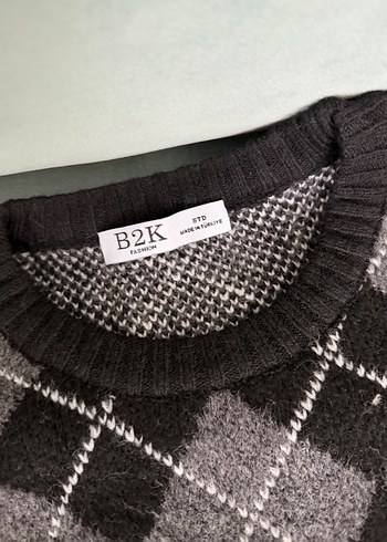 Gri Kareli Örgü Salaş Kazak - Görsel 3